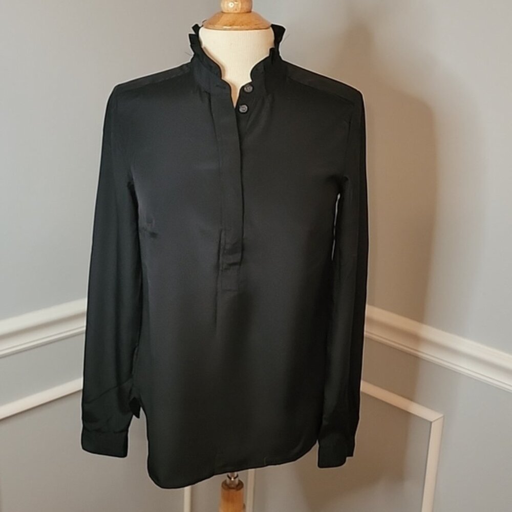 J.CREW Black Ruffle Neck Collar 1/2 Button Down Coquette Office Preppy Blouse XS